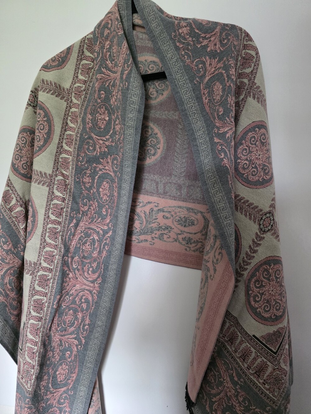 Large scarf wrap shawlpaisley scarf multi-color design with pink and grey